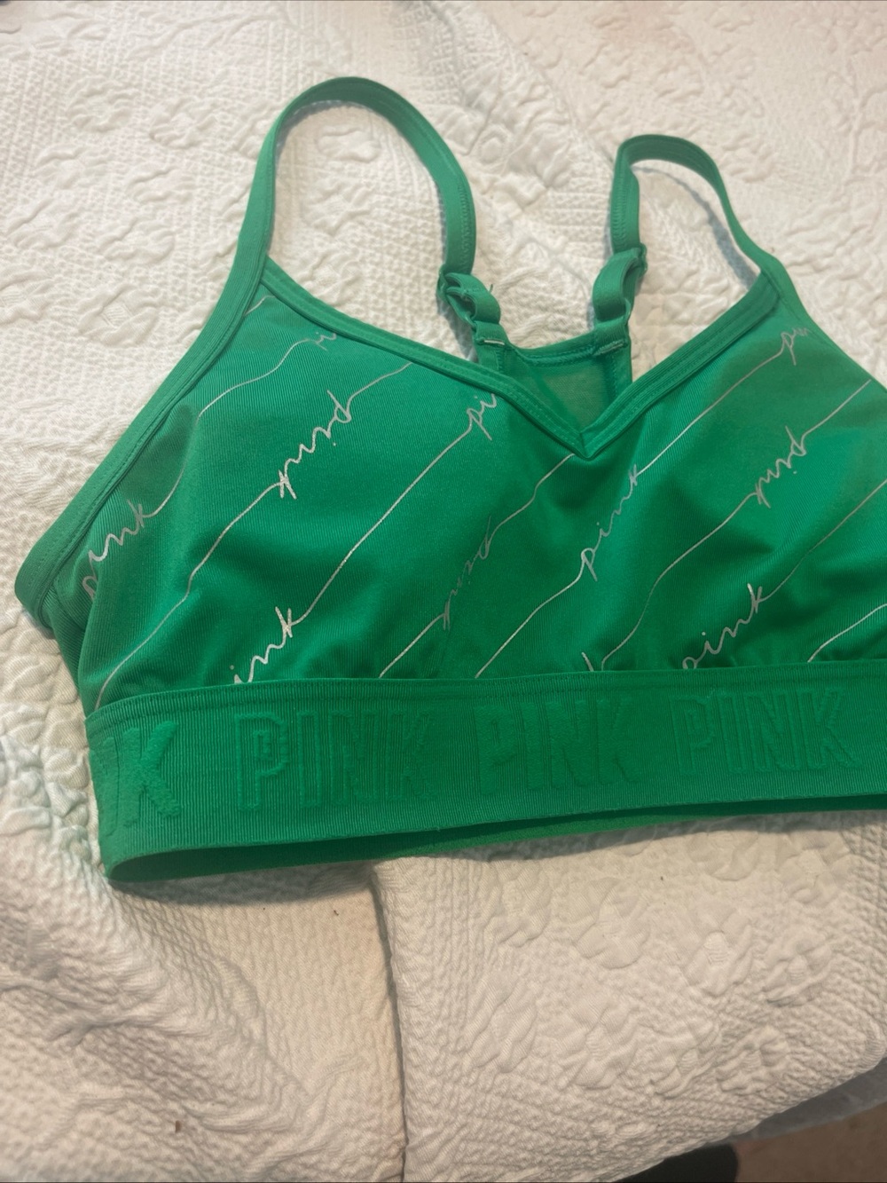 PINK Victoria's Secret XSEmerald Green Logo-Strip Sports Bralette lightly Padded